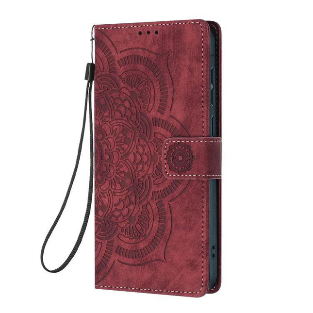 Daily Companion Leather Phone Case slim red PU leather wallet with mandala design, card slots, kickstand and wrist strap