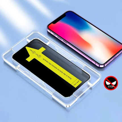 iPhone Everyday Use Tempered Glass Screen Protector installed with alignment tray for scratch, fingerprint and impact protection