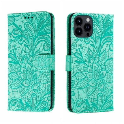 Leather Flip Case for iPhone Everyday Protection in teal floral embossed leather with built-in stand and 360-degree shock-absorbing corners