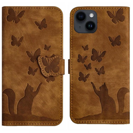 Butterfly Embossed Leather Flip Case for Daily Phone Protection - brown cat & butterfly wallet case with card slots and kickstand