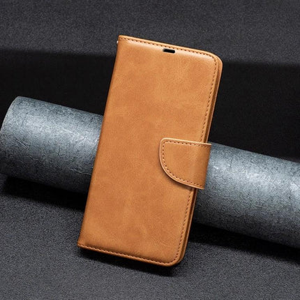 Protective Leather Flip Case With Card Storage in tan PU leather with snap closure for phone, integrated card slots and TPU interior for everyday protection