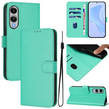 Leather Phone Case With Card Storage in teal PU leather wallet style with stand, wrist strap, and multiple card slots
