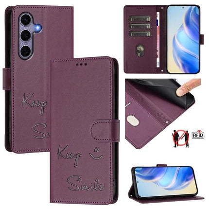 Smile Embossing Leather Phone Case With Card Holder For Everyday Carry On The Go - purple wallet case with 3 card slots and RFID protection