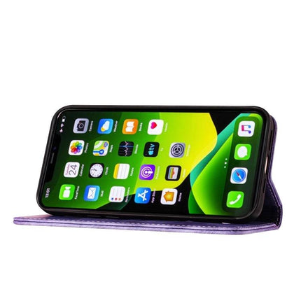 Stylish Flip Leather Phone Case With Card Slots showing phone in landscape stand position, PU leather exterior and built-in card slots