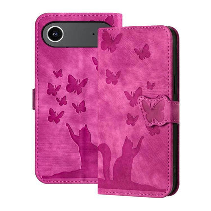 Butterfly Embossed Leather Phone Case For Everyday Carry - pink wallet-style phone case with embossed butterflies and cat silhouettes, card slots