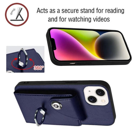 Organ Card Bag Ring Holder Wallet Case For IPhone 15 14 Plus 14 14 Pro showing navy PU wallet case with 360° metal ring stand and six card slots