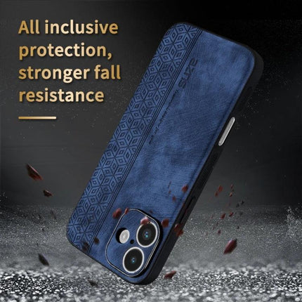 AZNS Phone Case For Everyday iPhone Protection in textured blue dual-material leather TPU, slim shockproof design showcasing camera cutouts and button access