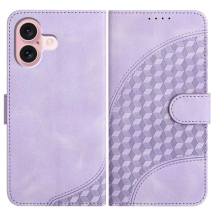 Elephant Head PU Case with Lanyard and Wallet Stand for iPhone 16 Pro Plus 16 in lavender embossed PU leather with geometric pattern and built-in stand