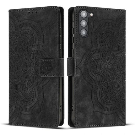 Daily Companion Leather Phone Case slim black folio with embossed floral pattern, card slots, kickstand, and TPU core for Samsung devices