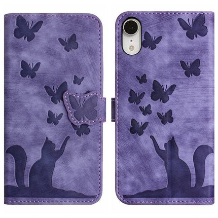 Butterfly Leather Flip Case With Card Slot in purple faux leather with embossed butterflies and cat silhouette, card slot wallet phone case