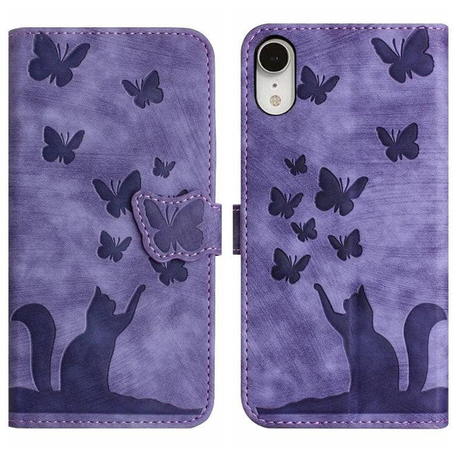 Butterfly Leather Flip Case With Card Slot in purple faux leather with embossed butterflies and cat silhouette, card slot wallet phone case