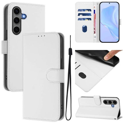 Leather Phone Case With Lanyard For Samsung showing white PU leather folio, card slots, removable lanyard and TPU interior protection