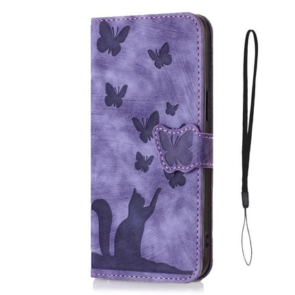 Butterfly Leather Flip Case With Card Slot purple cat and butterfly wallet phone case with wrist strap