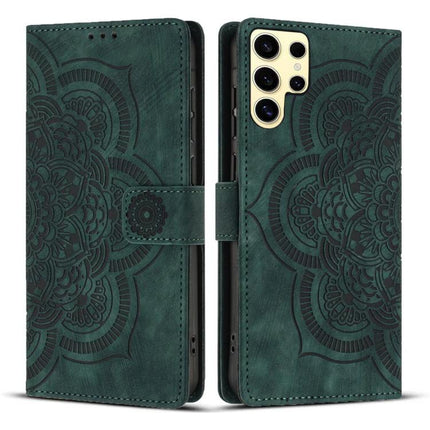 Leather Phone Case With Card Storage For Everyday Use - green PU leather wallet case with mandala design, card slots and magnetic closure