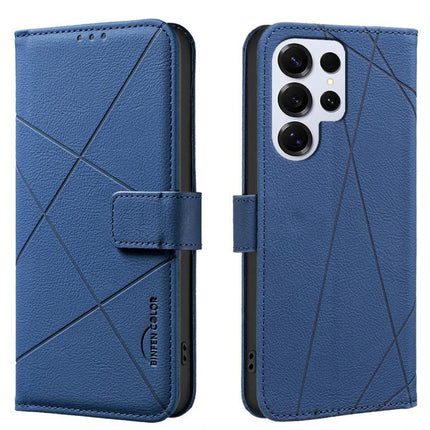 Geometric Leather Phone Case With Card And Cash Storage - blue geometric PU leather wallet case with 3 card slots, cash pocket and RFID protection