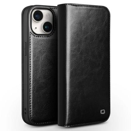 QIALINO Classic Leather Phone Case For Everyday Protection shown in black leather with built-in horizontal stand and full access to camera and ports