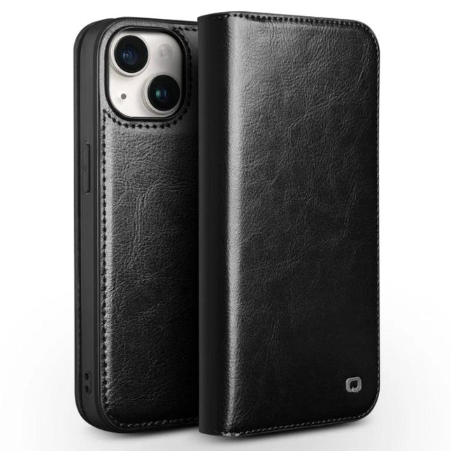 QIALINO Classic Leather Phone Case For Everyday Protection shown in black leather with built-in horizontal stand and full access to camera and ports