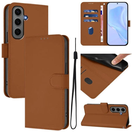 Leather Samsung Phone Case With Lanyard For Daily Hands Free Carry - brown PU leather wallet case with card slots, wrist strap and kickstand