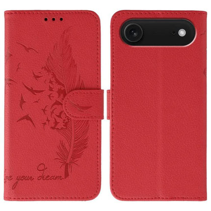 Leather Phone Case for Everyday Protection and Storage - red folio wallet with embossed feather and card slots, hands-free viewing and secure magnetic closure