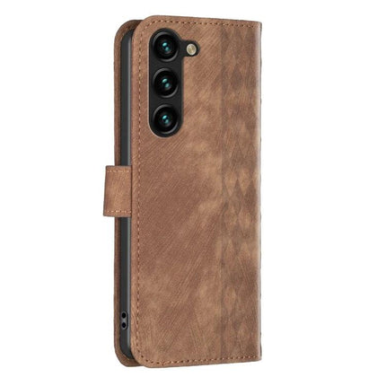 Plaid Embossed Leather Phone Case For Everyday Carry With Card Slots And Cash Pocket brown folio wallet case showing textured plaid embossing and rear camera cutouts