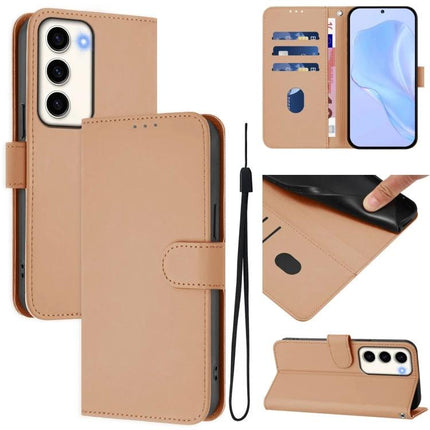 Leather Phone Case With Lanyard For Daily Essentials - tan PU leather wallet case with card slots, magnetic flap, wrist lanyard, and stand feature
