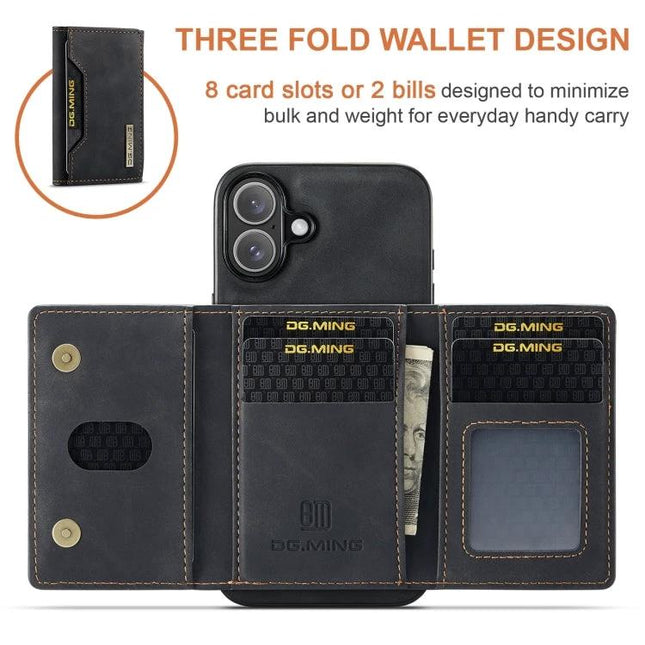 DG.MING Leather Phone Case With Card Holder For Everyday Commuting And On The Go Practical Everyday Essential leather tri-fold wallet case showing card slots and horizontal stand