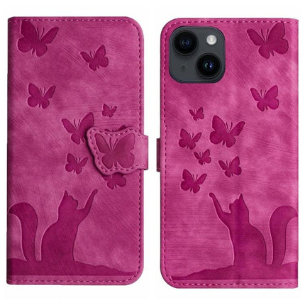 Butterfly Embossed Leather Flip Case for Daily Phone Protection - magenta cat & butterfly wallet case with kickstand, card slots, PU leather