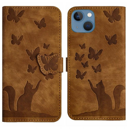 Leather Phone Case With Card Slot For Daily Use - brown PU leather wallet case with embossed cat and butterflies, TPU core, card slot, wallet cover