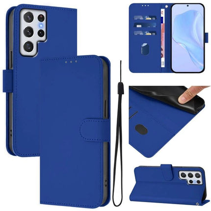 Leather Phone Case With Lanyard For Everyday Carry - blue wallet-style leather phone case with card slots, removable lanyard, and stand