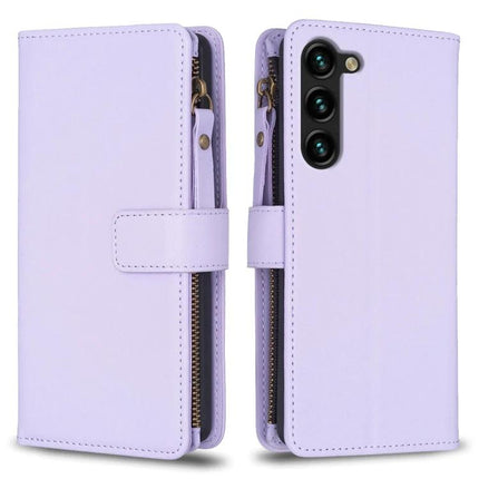 Leather Flip Wallet Case for Everyday Phone Storage in pastel lavender PU leather with zipper pocket, card slots, TPU frame and built-in stand