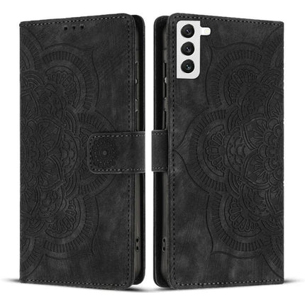 Leather Phone Case With Card Slots wallet-style black PU leather folio with embossed mandala, TPU interior, card slots, wrist strap and kickstand