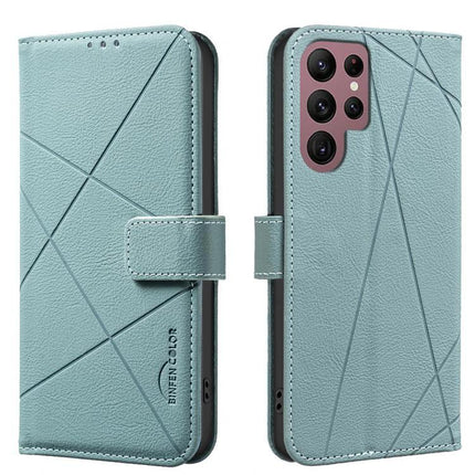 Geometric Pattern RFID PU Leather Case With Card Wallet For Galaxy S21 Series in teal with embossed geometric design, magnetic clasp and card slots