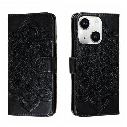 Sun Mandala Leather Case for Everyday iPhone Protection - black PU leather wallet case with embossed mandala, card slots and kickstand