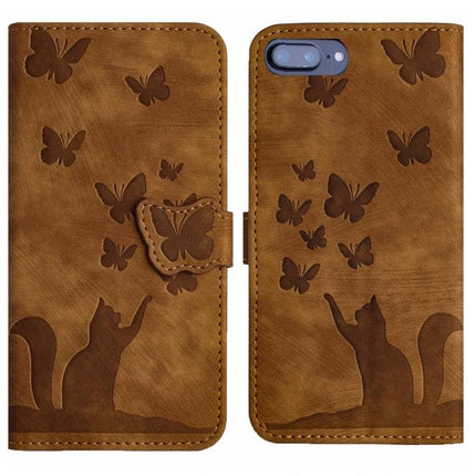 Butterfly Leather Flip Case With Card Slot brown leather wallet-style phone case with embossed butterflies and cat silhouette