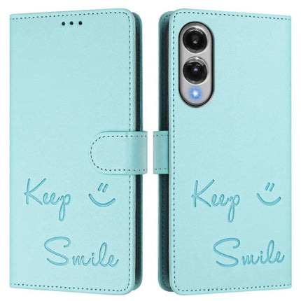 Smile Embossing Leather Phone Case With Card Holder For Everyday Carry On The Go - teal wallet case with Keep Smile embossing, 3 card slots, RFID protection