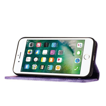 Leather Phone Case With Card Slot For Daily Use - purple PU leather folio with TPU core showing phone in landscape, card pocket and stand function