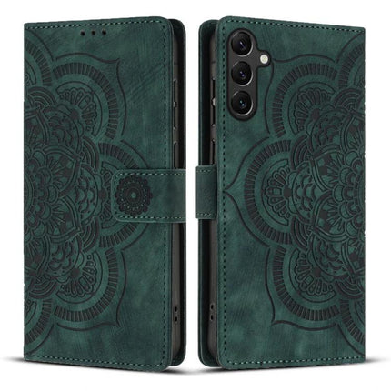 Leather Phone Case For Everyday Carry with embossed floral mandala, built-in card slots and cash pocket, green folio wallet