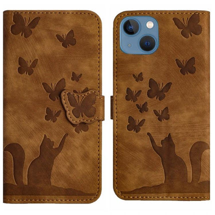 Leather Flip Phone Case With Card Slot For Daily Use - brown PU leather wallet case with embossed cat and butterflies, TPU shell, card slots