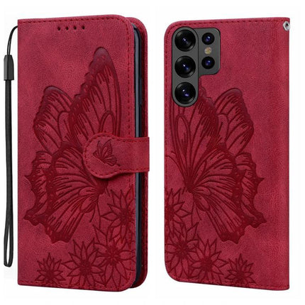 Leather Flip Case for Everyday Phone Protection - red PU leather wallet case with embossed butterfly, TPU inner, card slots and wrist strap