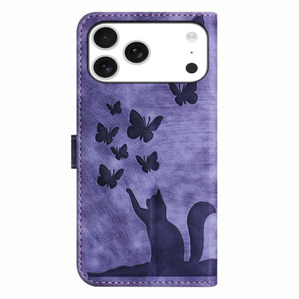 Butterfly Embossed Leather Phone Case For Everyday Carry - purple wallet case with cat silhouette and flying butterflies, card slots