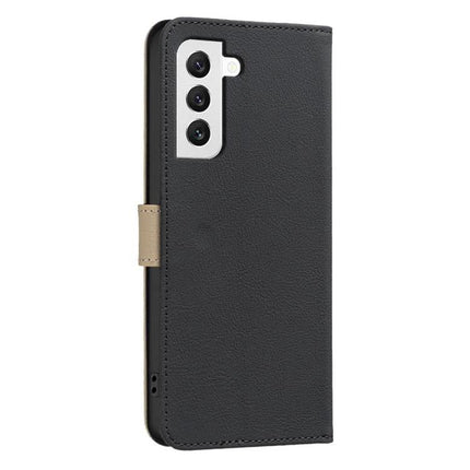 Splicing Color Hollow Flower RFID Leather Case For Galaxy S21 Series 5G black PU leather wallet case with card slots and RFID protection