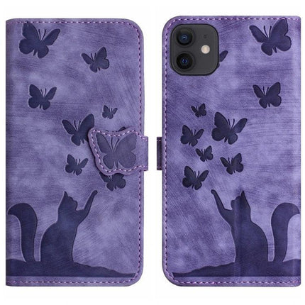 Stylish Flip Leather Phone Case With Card Slots in purple PU leather with embossed cat and butterfly design, card slots and TPU bumper