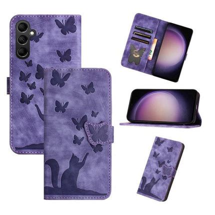 Leather Phone Case With Card Slots For Everyday Use - purple PU leather wallet case with butterfly and cat design, card slots and stand
