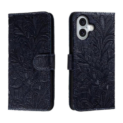 Leather Flip Case for iPhone Everyday Protection in embossed navy leather wallet case with built-in stand and 360-degree shock-absorbing corners