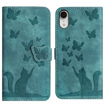 Butterfly Leather Flip Case With Card Slot teal faux leather wallet case with embossed butterflies and cat silhouette, card slot and magnetic closure