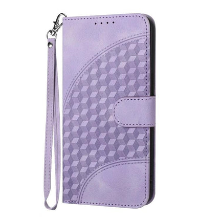 YX0060 Elephant Head Embossed PU Leather Case Lanyard For iPhone 15 Pro Max purple geometric wallet case with strap and card slots