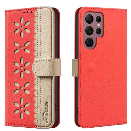 Splicing Color Hollow Flower RFID Leather Case For Galaxy S21 Series 5G - red beige floral wallet with card slots and RFID blocking
