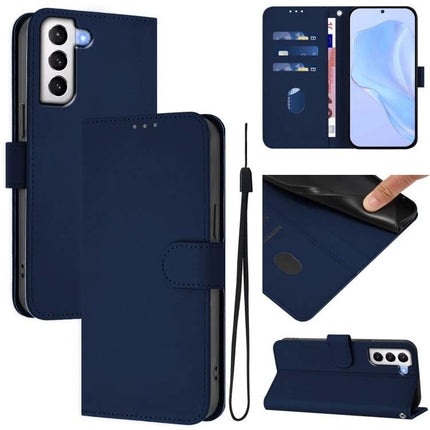 Solid Color Leather Phone Case With Lanyard For Daily Carry - navy PU leather wallet case with card slots, TPU core, wrist lanyard and stand feature