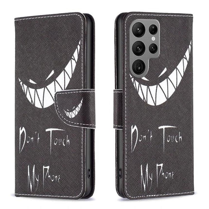 Leather Phone Case for Galaxy - Slim Everyday Protection for Daily Phone Handling wallet-style black PU leather case with white grin design and "Don't Touch My Phone" text