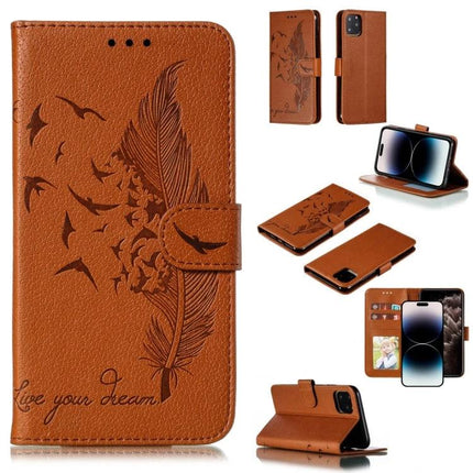 Leather Phone Case for Everyday Carry and Protection - brown leather wallet case with feather and birds, card slots, and horizontal viewing stand